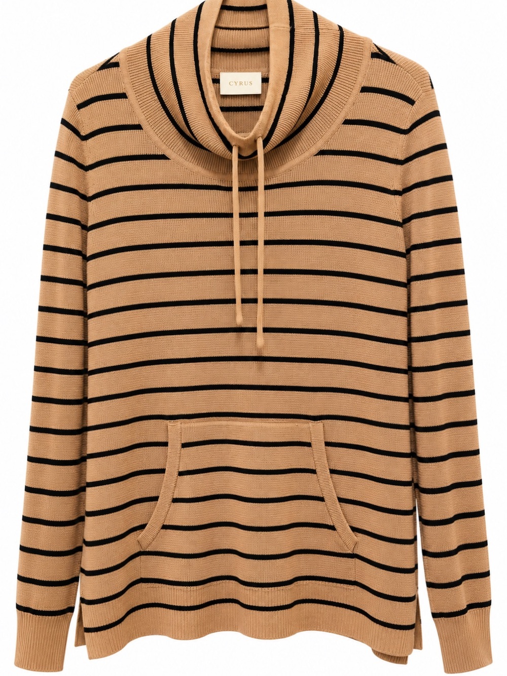Cyrus Large Camel Black Striped Funnel Neck Sweater Drawstring Split Hem